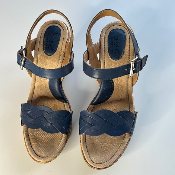 Born BOC Blue Leather Buckle Strap Sandal Wedge Heel Size 9 - Picture 2 of 10